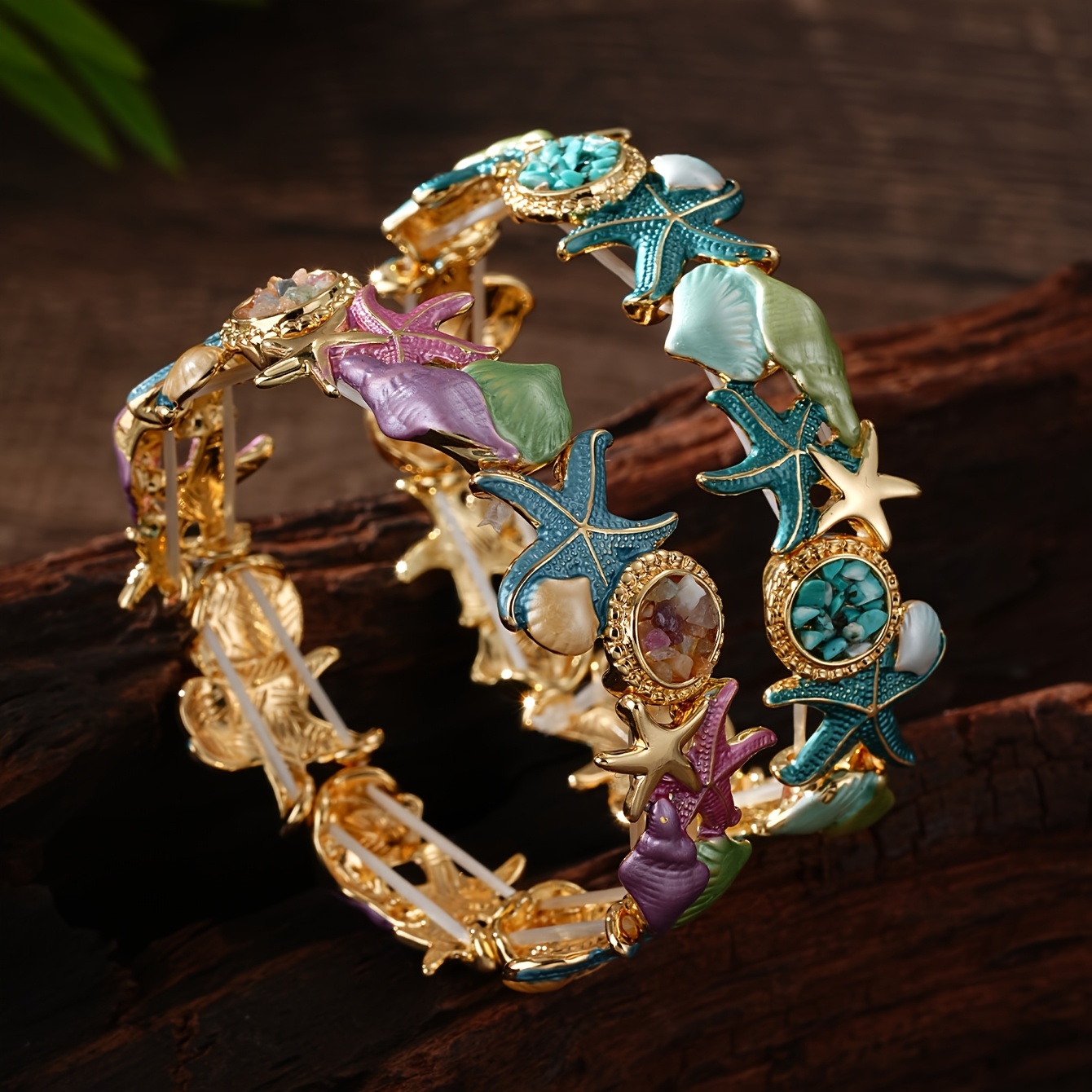 Boho Summer Coastal Starfish & Seashell Bracelet, Open Cuff